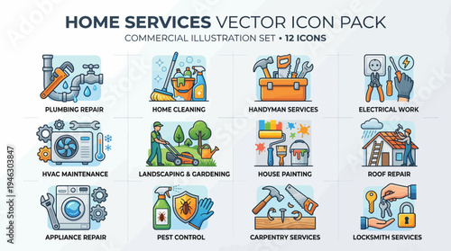 Home Services Vector Icon Pack Commercial Illustration Set.