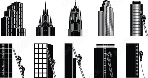 Urban buildings and skyscraper silhouettes with window cleaner workers on ladders city architecture maintenance isolated on white background set