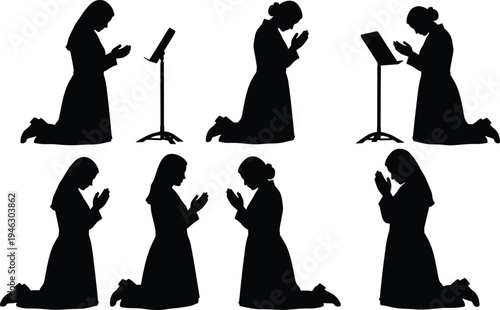 Woman praying kneeling silhouettes religious prayer faith worship spiritual devotion isolated on white background spiritual meditation concept vector set