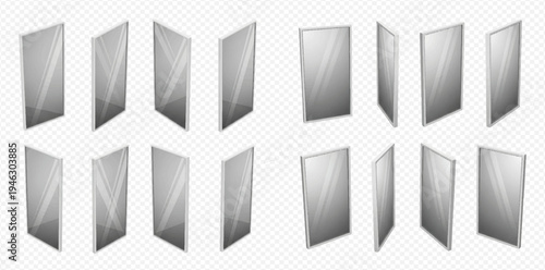 Set of realistic glass plates or clear acrylic sheets in various angles on a transparent background.