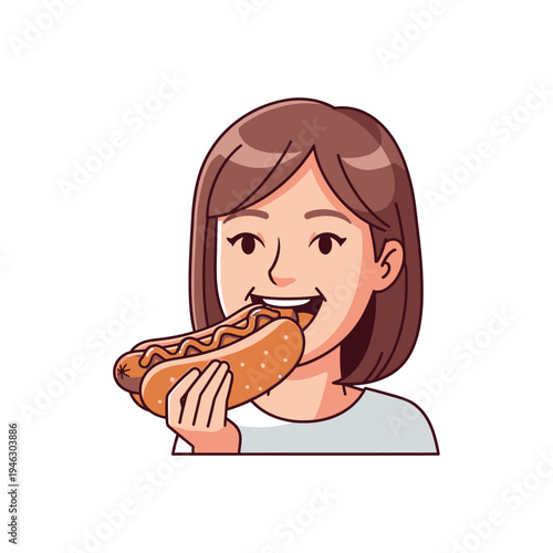 Young woman happily eating a delicious hot dog with mustard, close-up shot