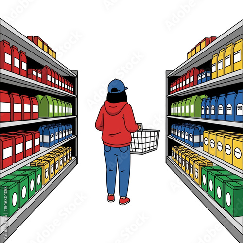 Person with shopping cart in supermarket aisle, choosing products from shelves