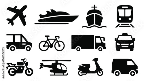 Collection of transport icons including airplane boat train car bicycle truck motorcycle helicopter and scooter on white background for travel and transportation concepts