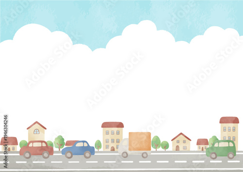 街並みと道路を走る車とトラックの風景背景｜車,道路,街,家,青空,交通