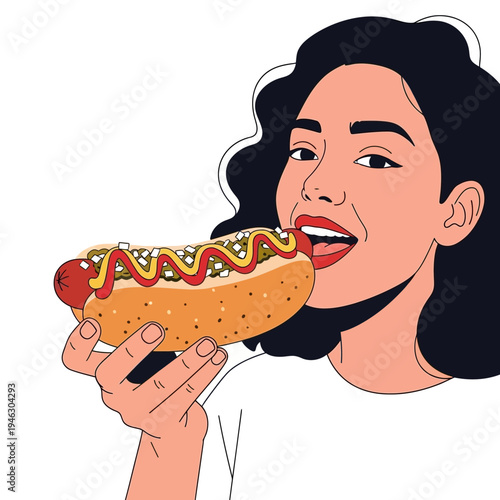 Smiling woman holding a loaded hot dog with condiments, ready to eat