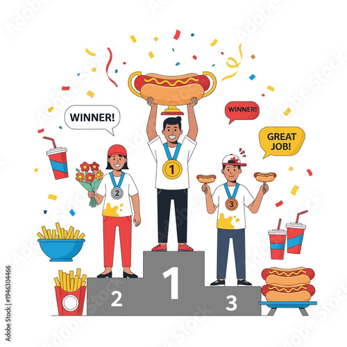 Winners celebrating on podium with hot dogs and drinks, confetti falling