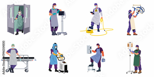 Set of healthcare professionals in protective gear using medical equipment in hospital settings, flat vector illustration isolated on white background.