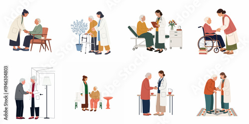 Set of illustrations depicting healthcare professionals providing medical care and support to elderly women in various indoor and outdoor settings.