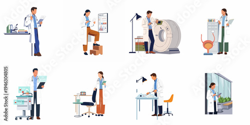 Medical Professional Illustrations Set in Laboratory and Clinical Settings with Diagnostic Equipment