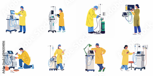 Flat Illustration Set of Medical Staff Operating and Maintaining Ventilators and Life Support Equipment in a Hospital Setting