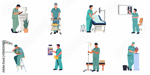 Collection of male nurse flat illustrations depicting various hospital duties like patient care, administration, and medical study.