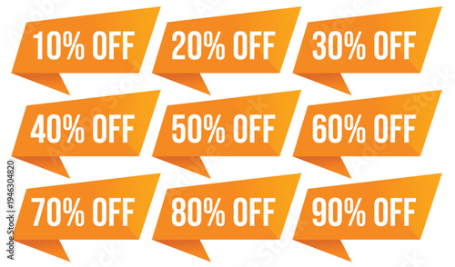 Vibrant Orange Speech Bubbles Displaying Discount Percentages on Clean Background Conveying Excitement, Urgency and Bold Promotional Offer Text in Retail Marketing Design