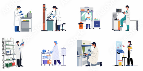 Flat Vector Illustration Set of Scientists and Laboratory Technicians Performing Experiments, Using Microscopes, and Analyzing Data in a Modern Research Lab Environment