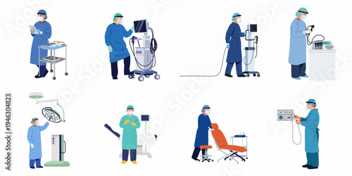 Flat vector illustration set of medical professionals in surgical scrubs using diagnostic equipment, endoscopy machines, and surgical tools in a clinical setting.