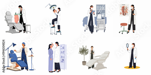 Professional plastic surgeon woman character set in various medical situations like consulting, measuring, and performing procedures in a modern clinic.