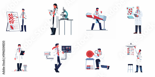 Set of flat vector illustrations featuring hematologists and medical professionals conducting blood research, laboratory analysis, and clinical diagnostics in various workspace settings.