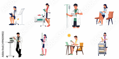 Collection of diverse medical professionals and interns in white coats performing various clinical duties and tasks, isolated on white background.