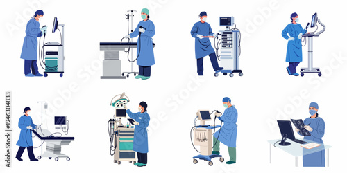 Flat illustration collection of surgeons and medical staff performing laparoscopic and endoscopic procedures with advanced surgical equipment in a modern healthcare setting.