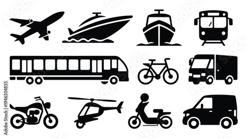 Transportation icons including airplane ship bus bicycle truck motorcycle helicopter and scooter on white background for travel and logistics concepts
