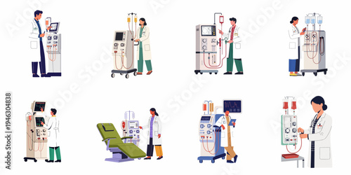 Collection of illustrations depicting male and female healthcare professionals operating dialysis machines and medical equipment in a clinical setting.