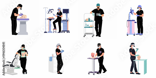 Set of illustrations featuring male and female medical professionals in black scrubs performing surgical procedures and using advanced medical technology on white background.