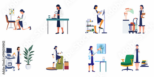 Set of medical illustrations depicting a female doctor performing orthopedic examinations, X-ray analysis, and diagnostic procedures in a modern clinical setting.