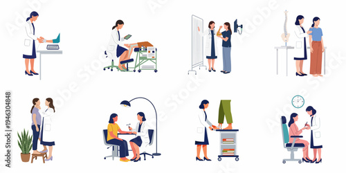 Set of flat vector illustrations depicting a female doctor performing various medical examinations, orthopedic checks, and physical therapy assessments on different patients.