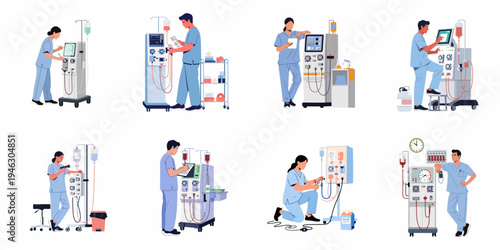Set of vector illustrations featuring medical professionals in scrubs operating dialysis machines and monitoring healthcare equipment for kidney treatment.