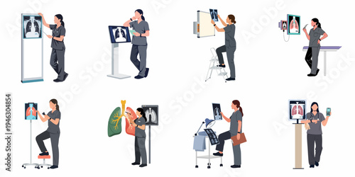 Set of healthcare professional character illustrations analyzing lung X-rays and anatomical models for medical diagnosis and respiratory health.