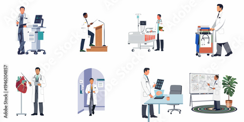 Set of illustrations depicting male doctors in various professional medical settings including hospitals, lecture halls, and research labs.