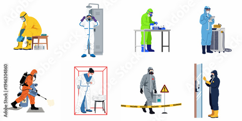 Set of professional workers in protective hazmat suits performing various safety, laboratory research, and decontamination tasks in hazardous industrial and medical environments.