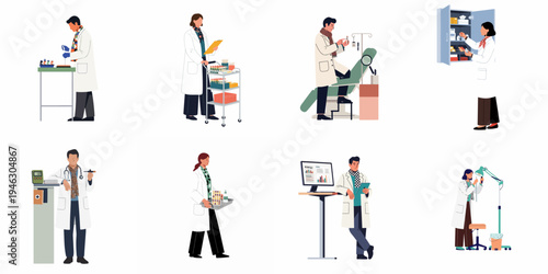 Diverse set of vector illustrations showing medical professionals, doctors, and scientists performing various clinical, laboratory, and research tasks in a healthcare environment.