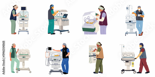 Collection of illustrations featuring neonatal intensive care unit staff monitoring and caring for premature babies in medical incubators with specialized equipment.