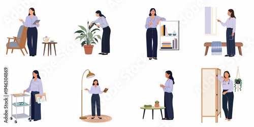 Set of flat vector illustrations depicting a professional woman in various daily activities, work tasks, and domestic scenarios including healthcare and office settings.
