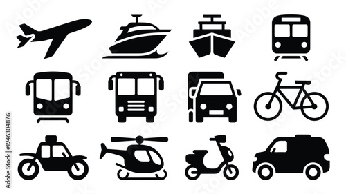 Vector icons of various transportation modes on white background
