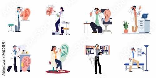 Set of illustrations depicting otolaryngologists and audiologists conducting ear exams, hearing tests, and various medical treatments for ear health in clinical environments.