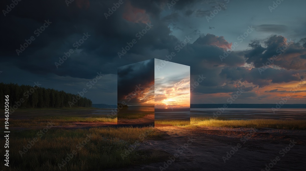 Fototapeta premium Surreal Landscape with Mirrored Cube Reflecting Sunset Sky in Open Field, Dreamlike Conceptual Art