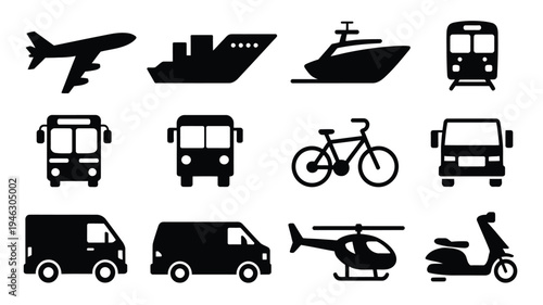 Minimalist transportation icons set including airplane ship bus bicycle van helicopter and scooter on white background