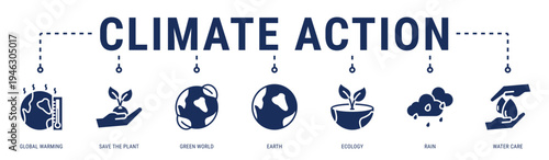 Climate Action web banner icon vector illustration featuring Global Warming, Save The Plant, Green World, Earth, Ecology, Rain and Water Care