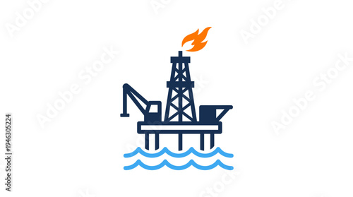 Offshore oil rig icon with flame and water in blue and orange