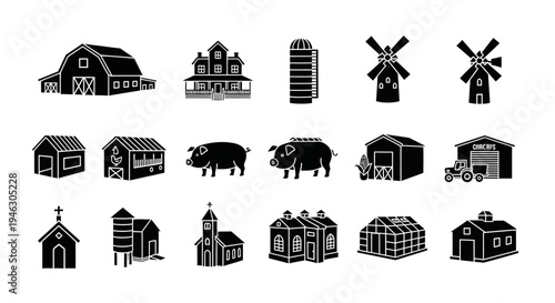 Rural farm and village silhouette icon collection on white