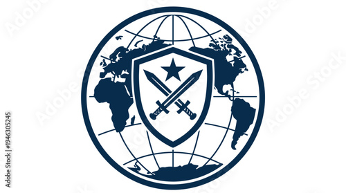 Global Shield with Crossed Swords and Star Logo