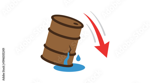 Cracked Oil Barrel Leaking with Downward Red Arrow - Decline Symbol