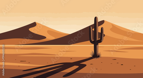 Saguaro cactus in arid desert landscape with dunes