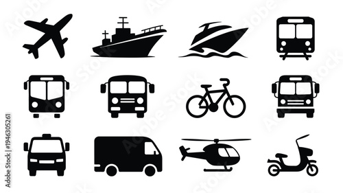 Minimalist transportation icons set including airplane ship bus bike and helicopter silhouettes on white background