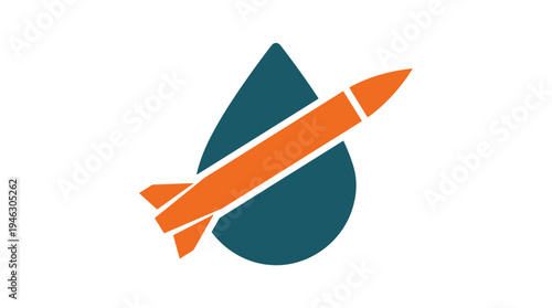 Orange rocket flying over teal oil drop, industry concept