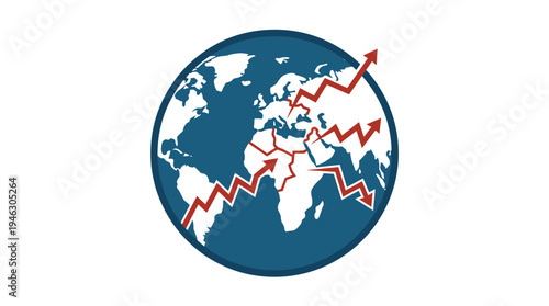 Global market trends: world map with rising and falling arrows.