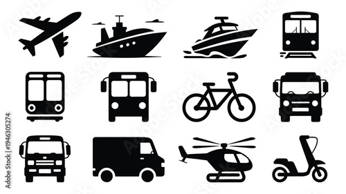 Minimalist transportation icons set including airplane ship speedboat bus bicycle truck van helicopter and scooter on white background