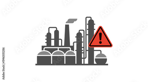 Industrial refinery with warning sign icon, hazard alert symbol.