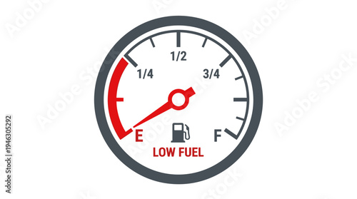 Car fuel gauge shows empty, low fuel warning light illuminated